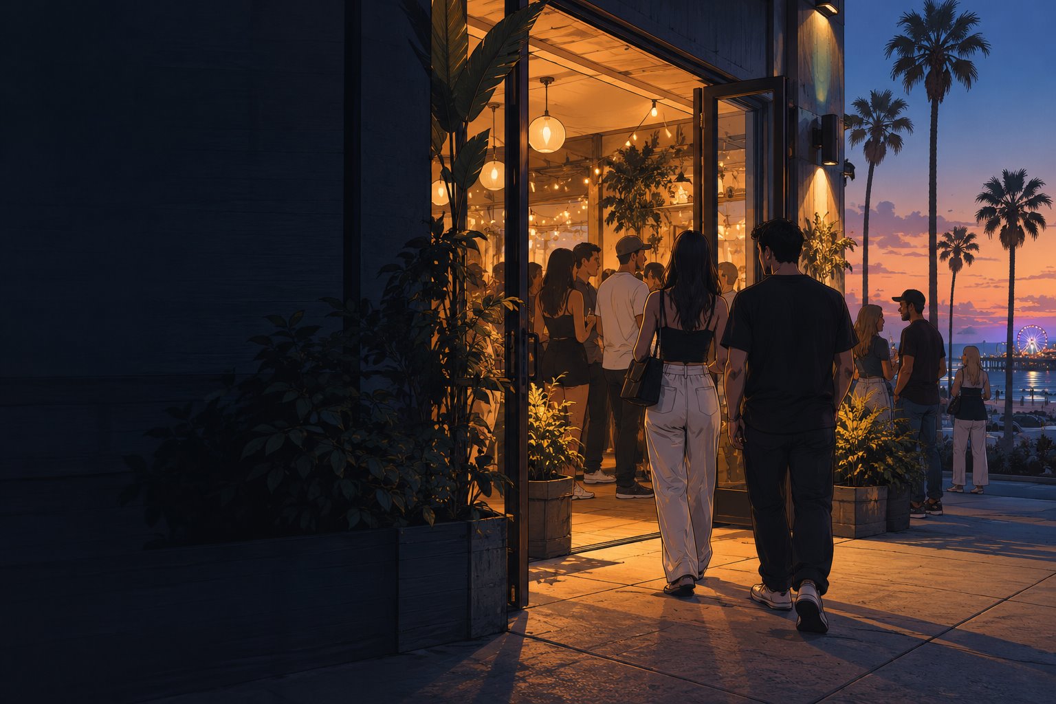 A venue door open with warm light