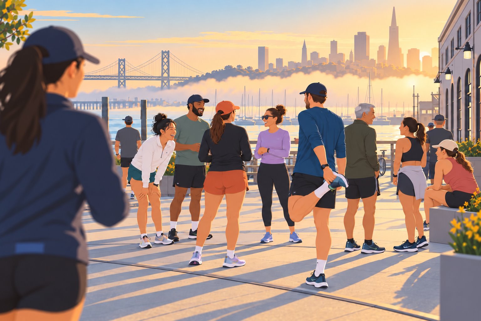 Runners gathering at dawn before a group run