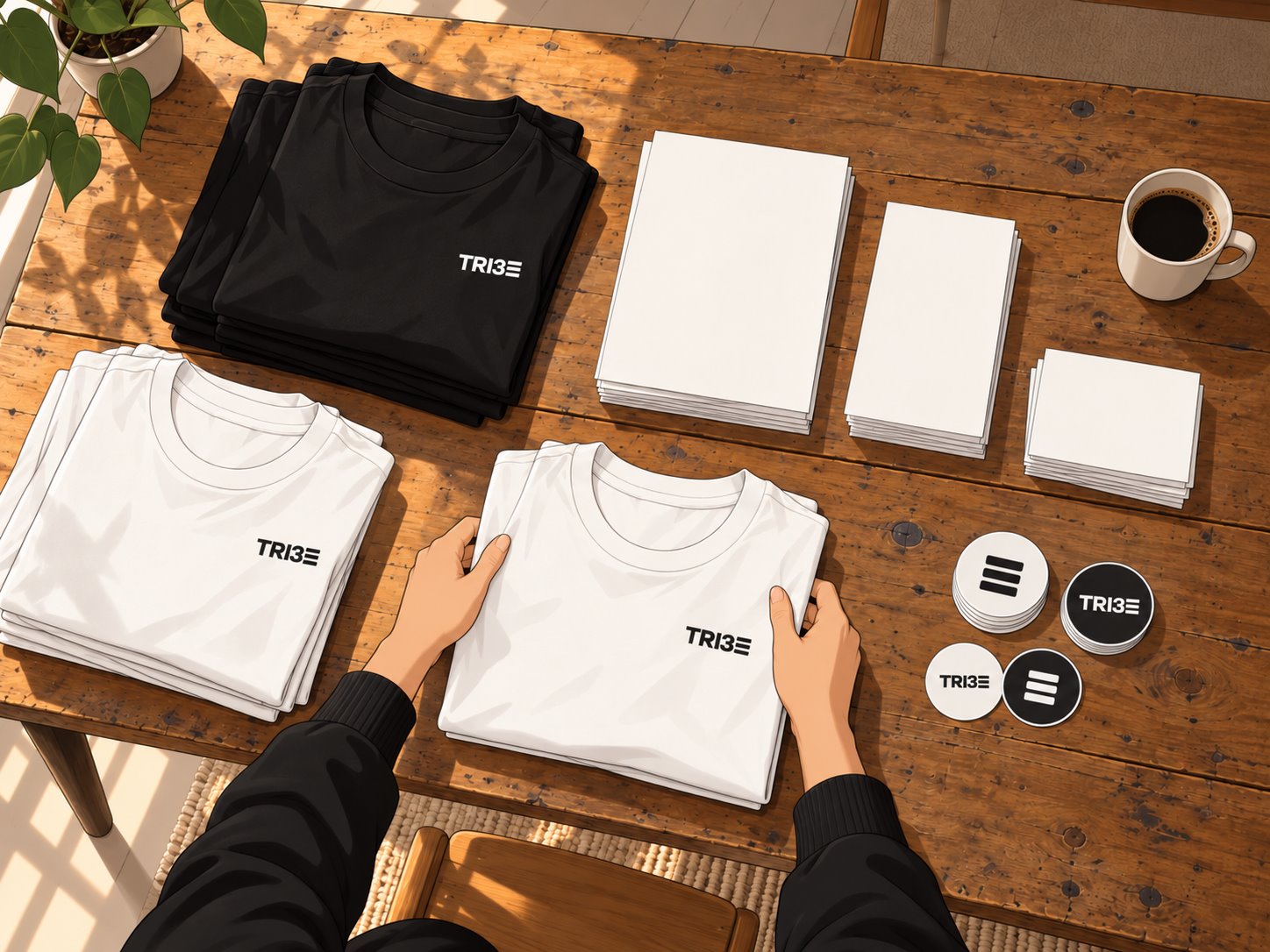 A founder laying out club tees and flyers
